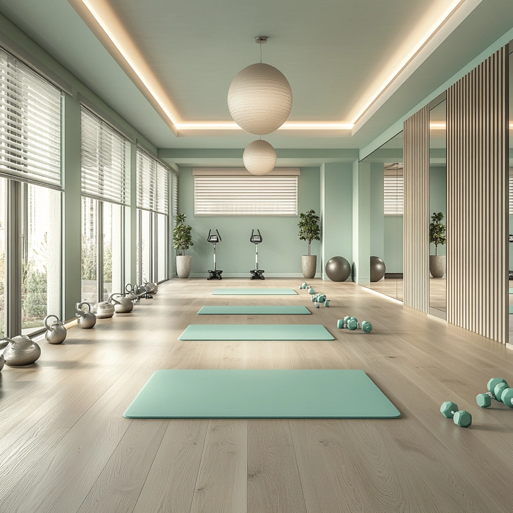 Зона для групових занять з ковриками та легкими гантелями